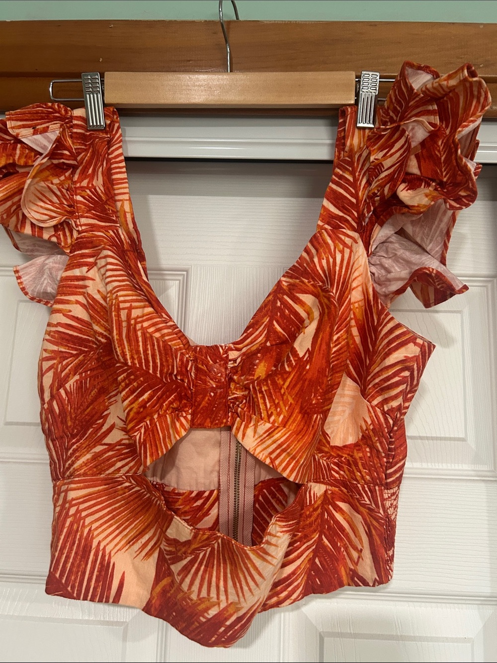 INC International Concepts Red Orange Palm-Print Ruffle Crop Top